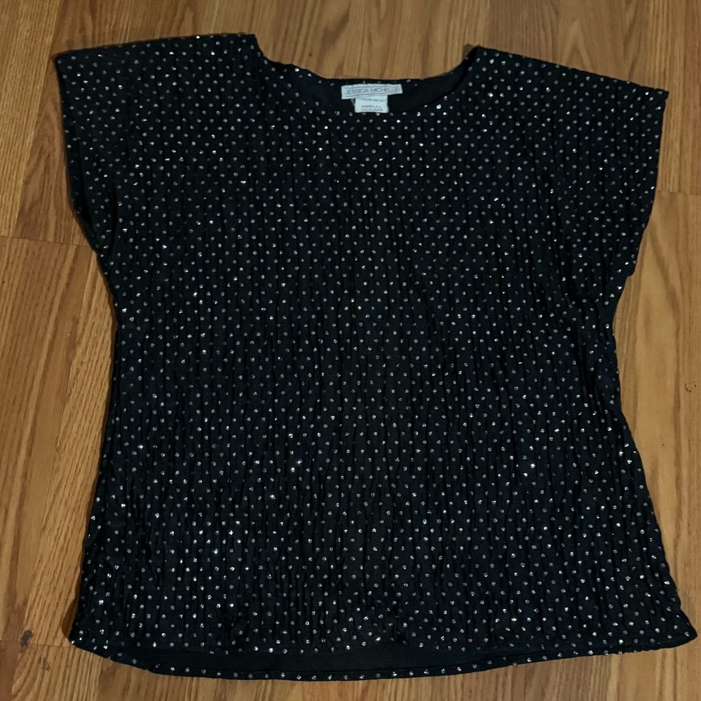 Jessica Michelle Vintage Black Silver Rhinestone Studded ShortSleeve Top‎ Size S